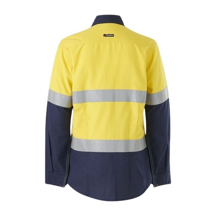 Yellow and navy work jacket with reflective stripes on a white background