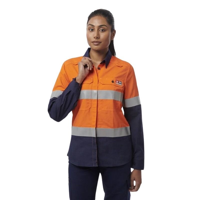 KingGee K84002 Women's Shieldtec Lenzing FR HiVis Spliced Open Front Taped Shirt