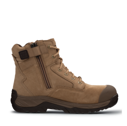Premium Camel suede leather, airport friendly scanner safe toe, Ascent 129688 Oxide 2 Safety Work Boots - Camel - zip Side View
