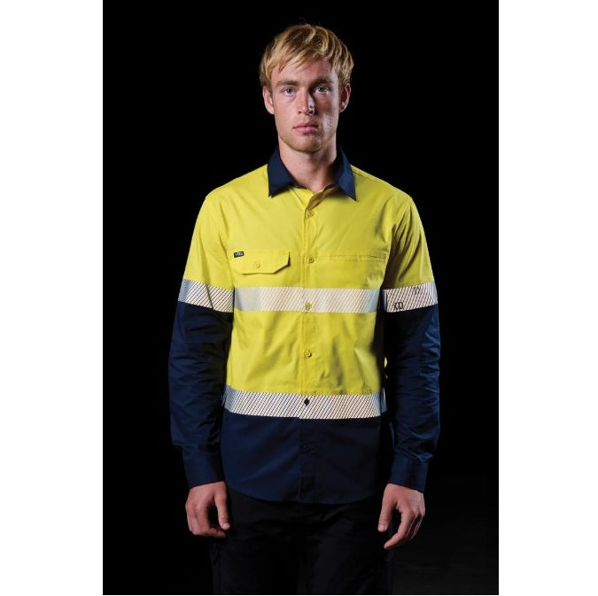 FXD LSH-4T Vented Tech Hi-Vis Long Sleeve Shirt - Hi Vis Yellow/Navy - Lifestyle Front View