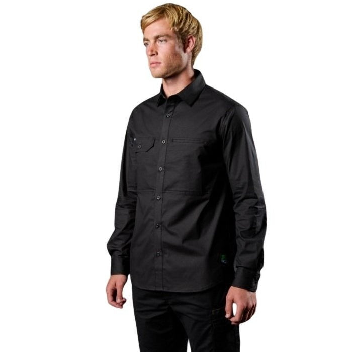 Man wearing a black long-sleeve shirt on a white background