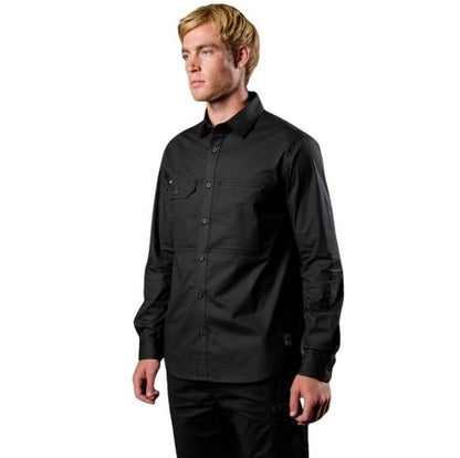 Man wearing a black long-sleeve shirt on a white background