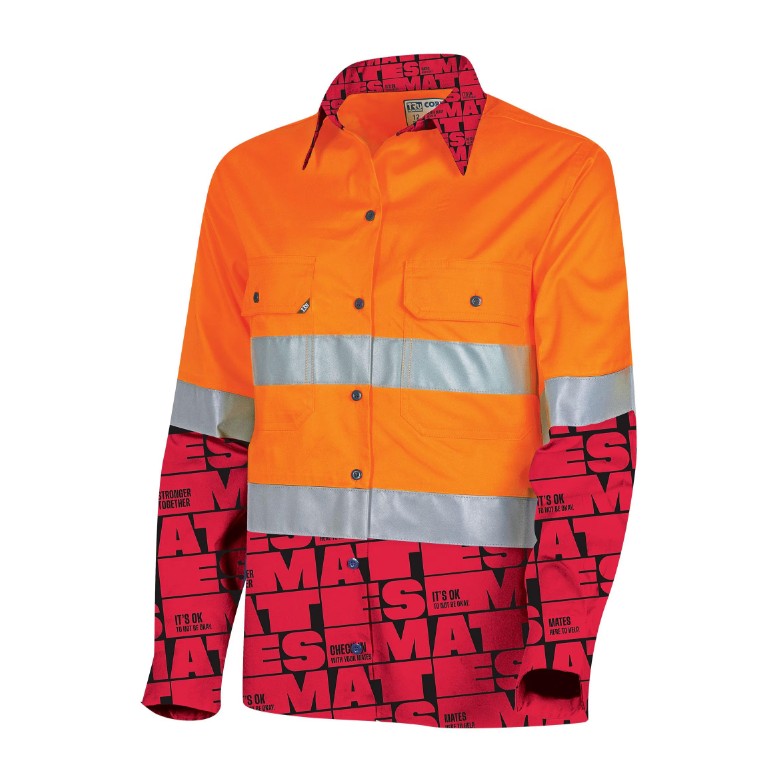 Womens orange and red with reflective tape durable Tru Workwear MGSW2000T3 MATES Vented Hi-Vis Drill Shirt with Reflective Tape