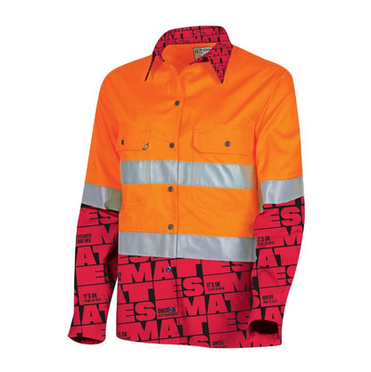 Womens orange and red with reflective tape durable Tru Workwear MGSW2000T3 MATES Vented Hi-Vis Drill Shirt with Reflective Tape