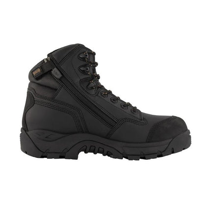 A black Magnum MPW100 Precision Max women's composite safety boot with a side zipper and durable sole.