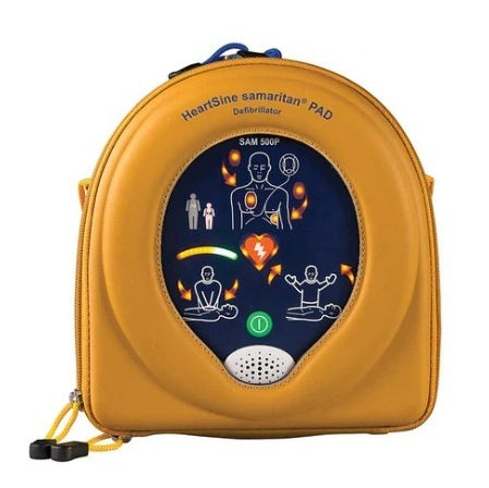 HeartSine Samaritan PAD defibrillator case with instructional diagrams on a white background