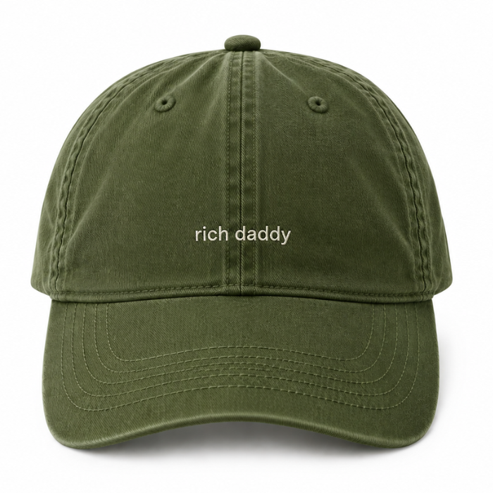 AH130 grace collection green cotton baseball cap with 'rich daddy' custom embroidered in white on the front