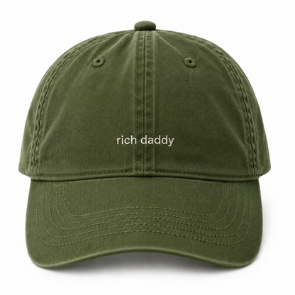 AH130 grace collection green cotton baseball cap with 'rich daddy' custom embroidered in white on the front