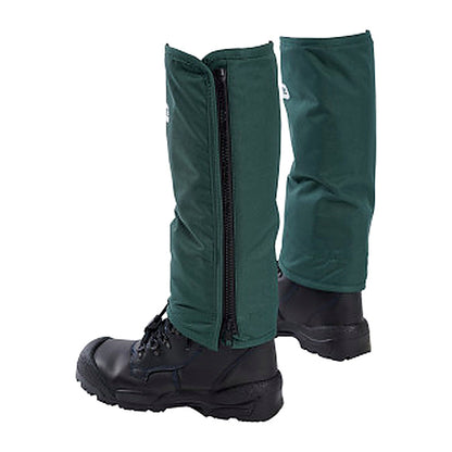 A pair of dark green waterproof gaiters with front zippers, shown on black boots against a plain white background.