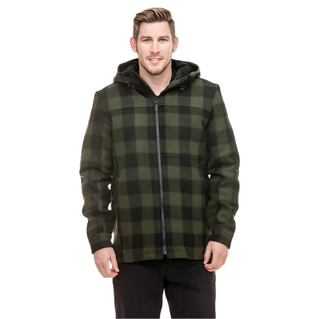 Man wearing a green and black checkered jacket on a white background