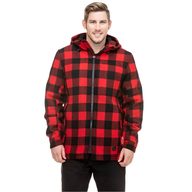 Man wearing a red and black checkered jacket on a white background