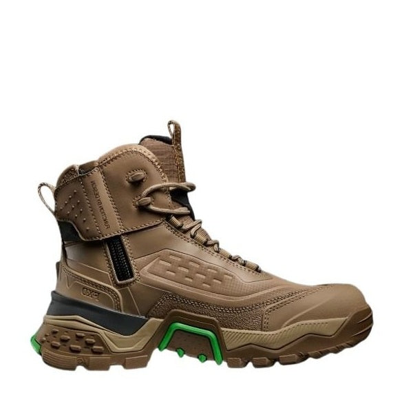 Stone workboot with green accents on a white background