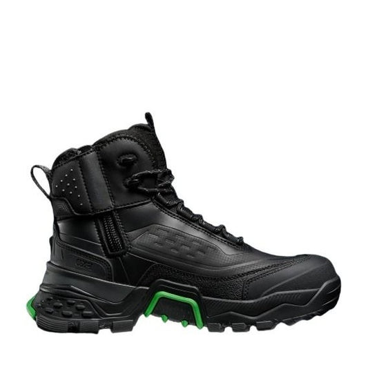 Black tactical boot with green accents on a white background