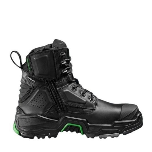 Black tactical boot with green accents on a white background