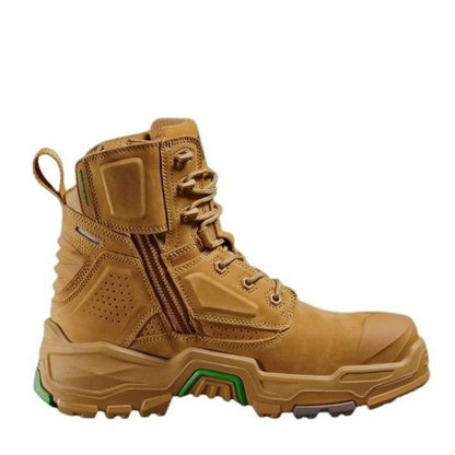 Tan tactical boot with green sole on a white background