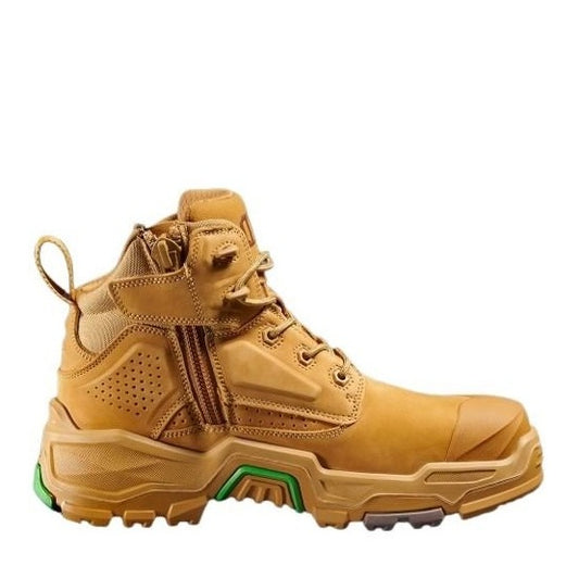 Wheat workboot with green highlights on sole on a white background