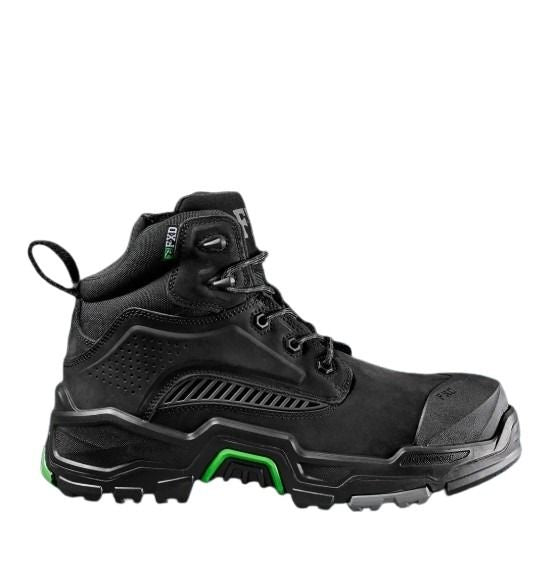 Black workd boot with green accents on a white background