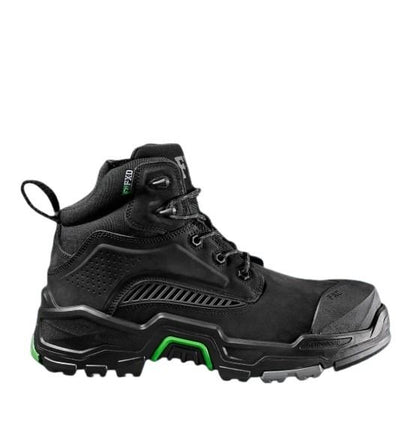 Black workd boot with green accents on a white background