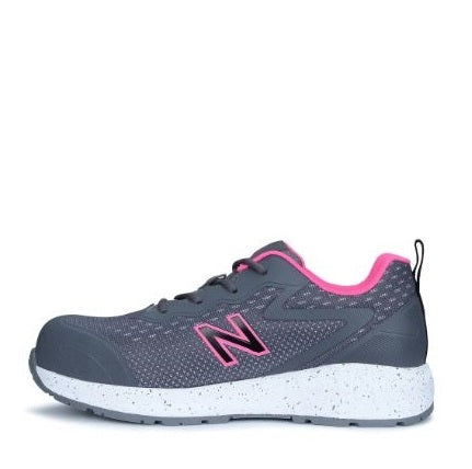 Gray and pink running shoe with New Balance logo on a white background