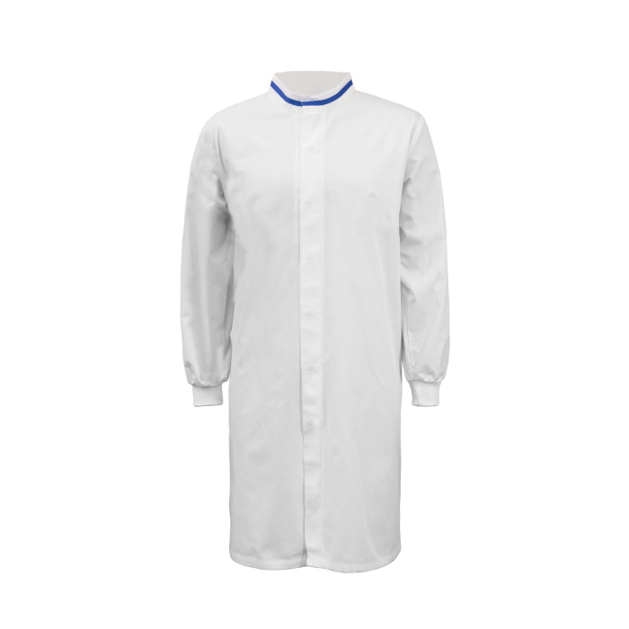 Workcraft WJ3199 Food Industry Long Length Dustcoat with Mandarin Collar- Long Sleeve - White/Blue - Front View