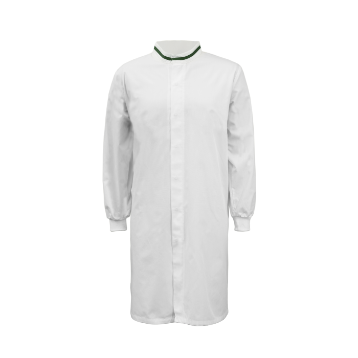 Workcraft WJ3199 Food Industry Long Length Dustcoat with Mandarin Collar- Long Sleeve - White/Green - Front View