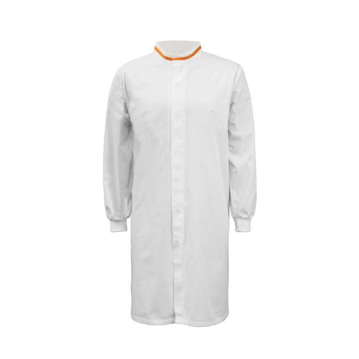 Workcraft WJ3199 Food Industry Long Length Dustcoat with Mandarin Collar- Long Sleeve - White/Orange - Front View
