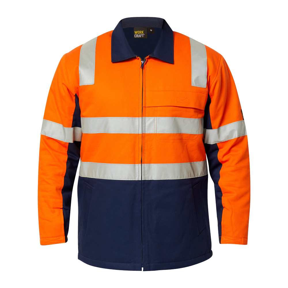 Orange and navy safety jacket with reflective stripes on a white background