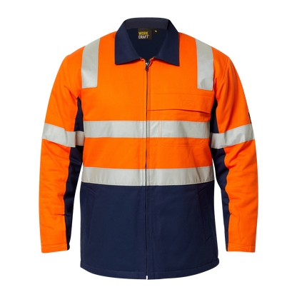 Orange and navy safety jacket with reflective stripes on a white background