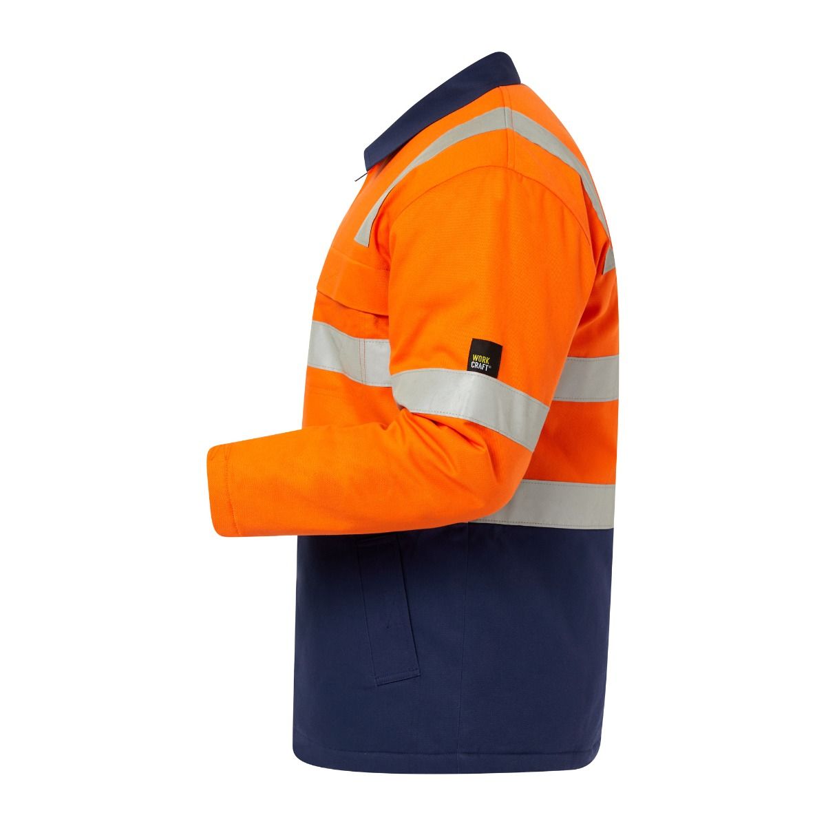 Workcraft WJ8019 HiVis Orange and Navy Colour Cotton Reflective Jacket - Side view