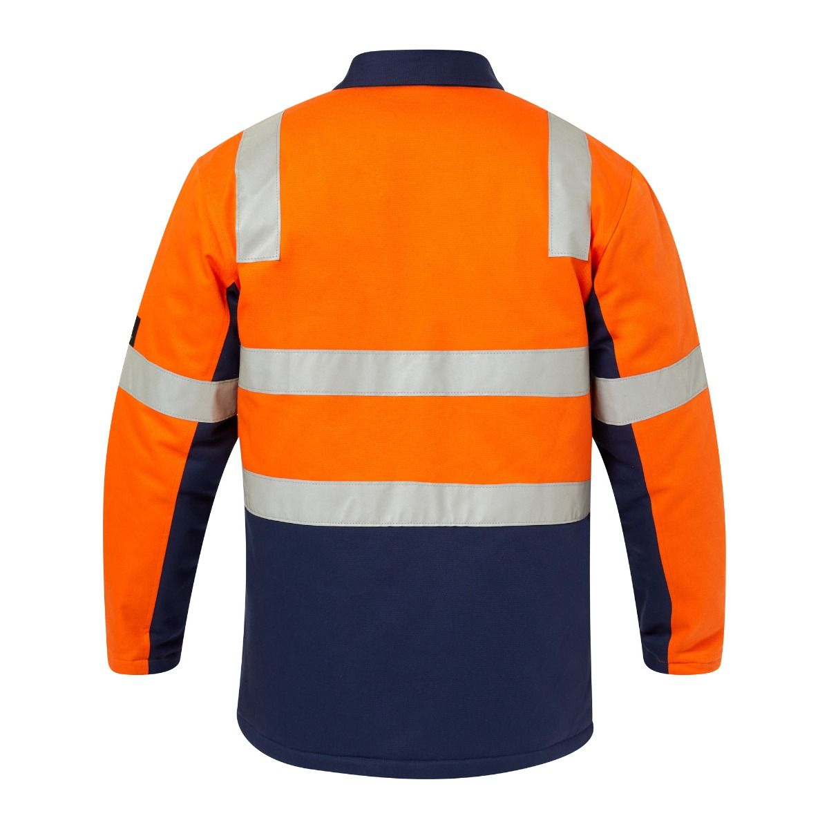 Orange and navy safety jacket with reflective stripes on a white background