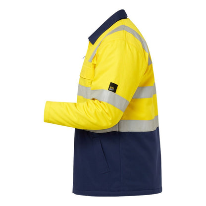 Two-tone yellow and navy safety jacket with reflective stripes on a white background