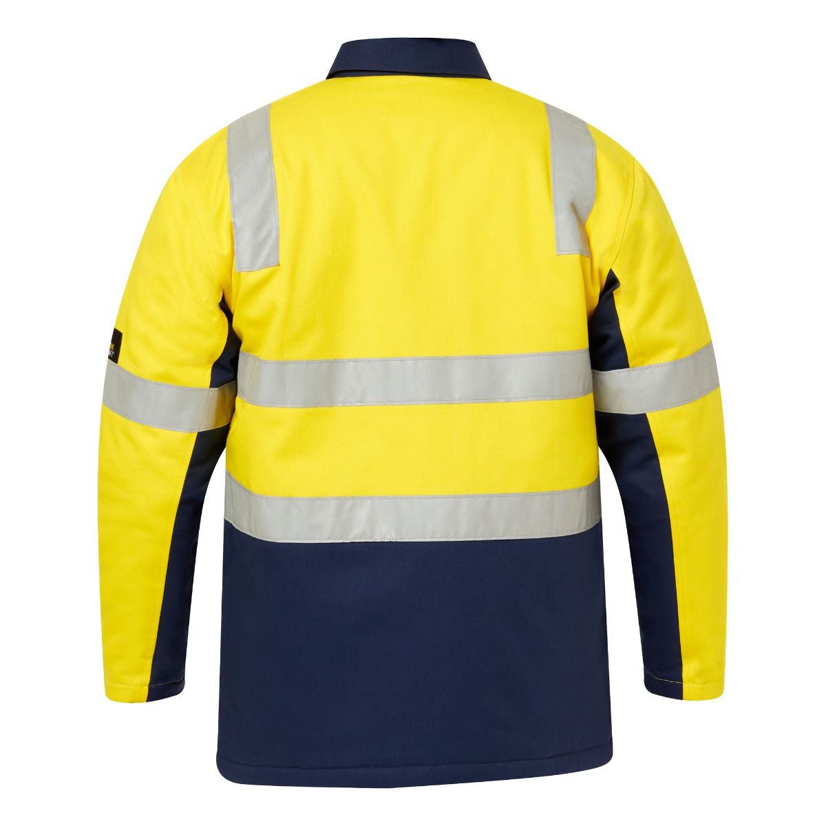 Workcraft WJ8019 HiVis Yellow and Navy Colour Cotton Reflective Jacket - Back view