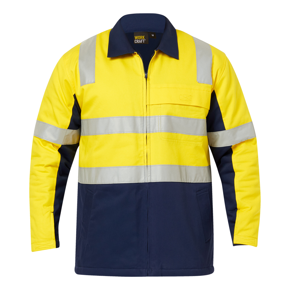 Workcraft WJ8019 HiVis Yellow and Navy Colour Cotton Reflective Jacket - Front view