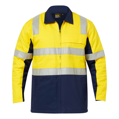 Workcraft WJ8019 HiVis Yellow and Navy Colour Cotton Reflective Jacket - Front view