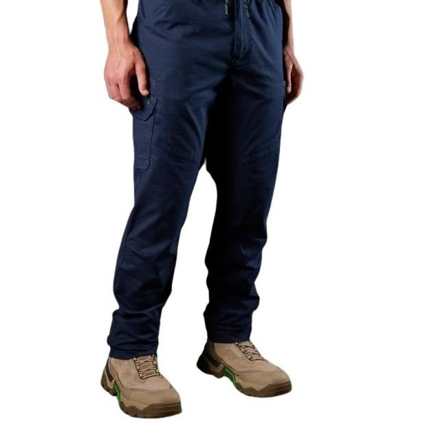 Navy blue pants worn by a person on a white background