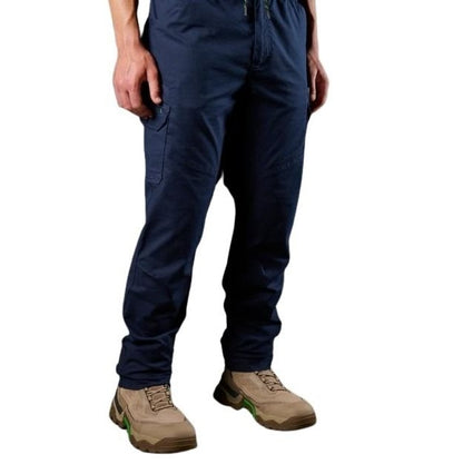 Navy blue pants worn by a person on a white background