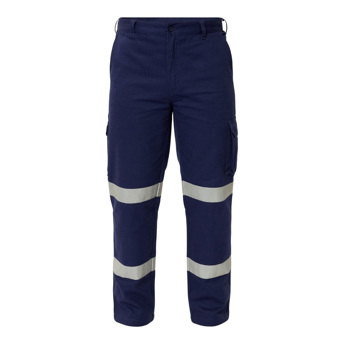 Navy blue work pants with reflective stripes on a white background