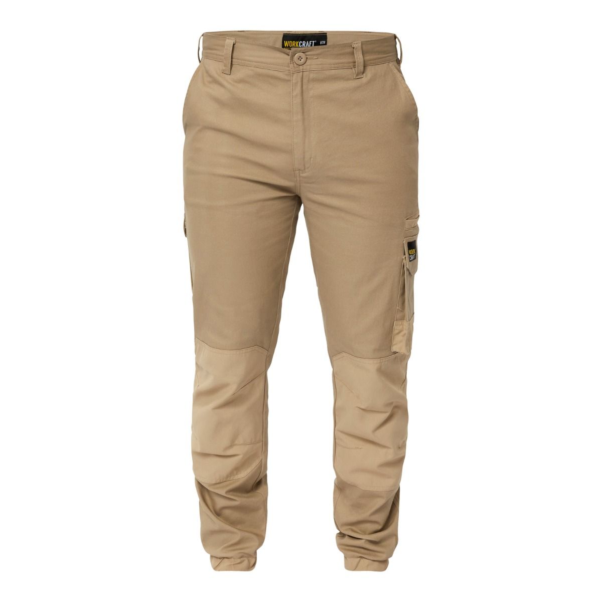 A pair of beige Workcraft WP4018 stretch cargo pants with elasticized hem, multiple pockets, and a button fly front. Khaki colour