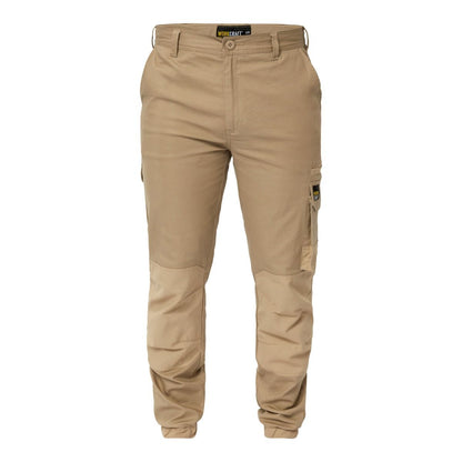 A pair of beige Workcraft WP4018 stretch cargo pants with elasticized hem, multiple pockets, and a button fly front. Khaki colour