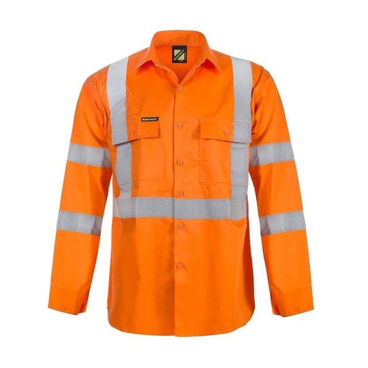 An orange high visibility long sleeve shirt with reflective stripes and two front pockets.