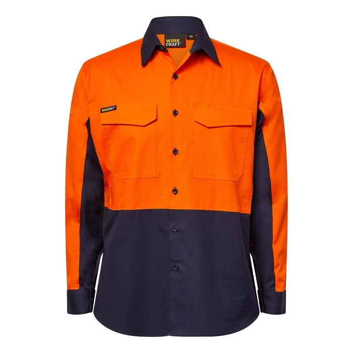 Workcraft WS6066 HiVis Orange/Navy Ripstop LS Vented Shirt - Front view