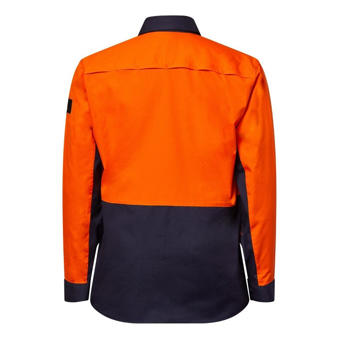 Orange and navy work shirt on a white background