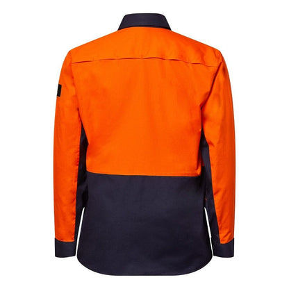 Orange and navy work shirt on a white background