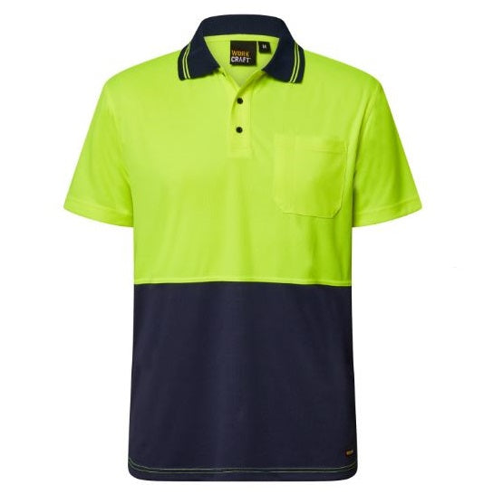 Workcraft WSP208 HiVis Light weight SS Micromesh Polo with Pocket - Yellow/Navy - Front View