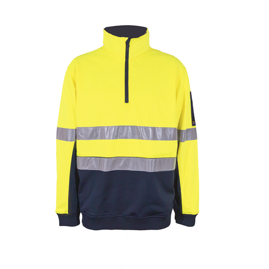 A yellow and navy Workcraft WT8013 Ridge HiVis 1/2 Zip Pullover with reflective CSR tape on the chest and shoulders.