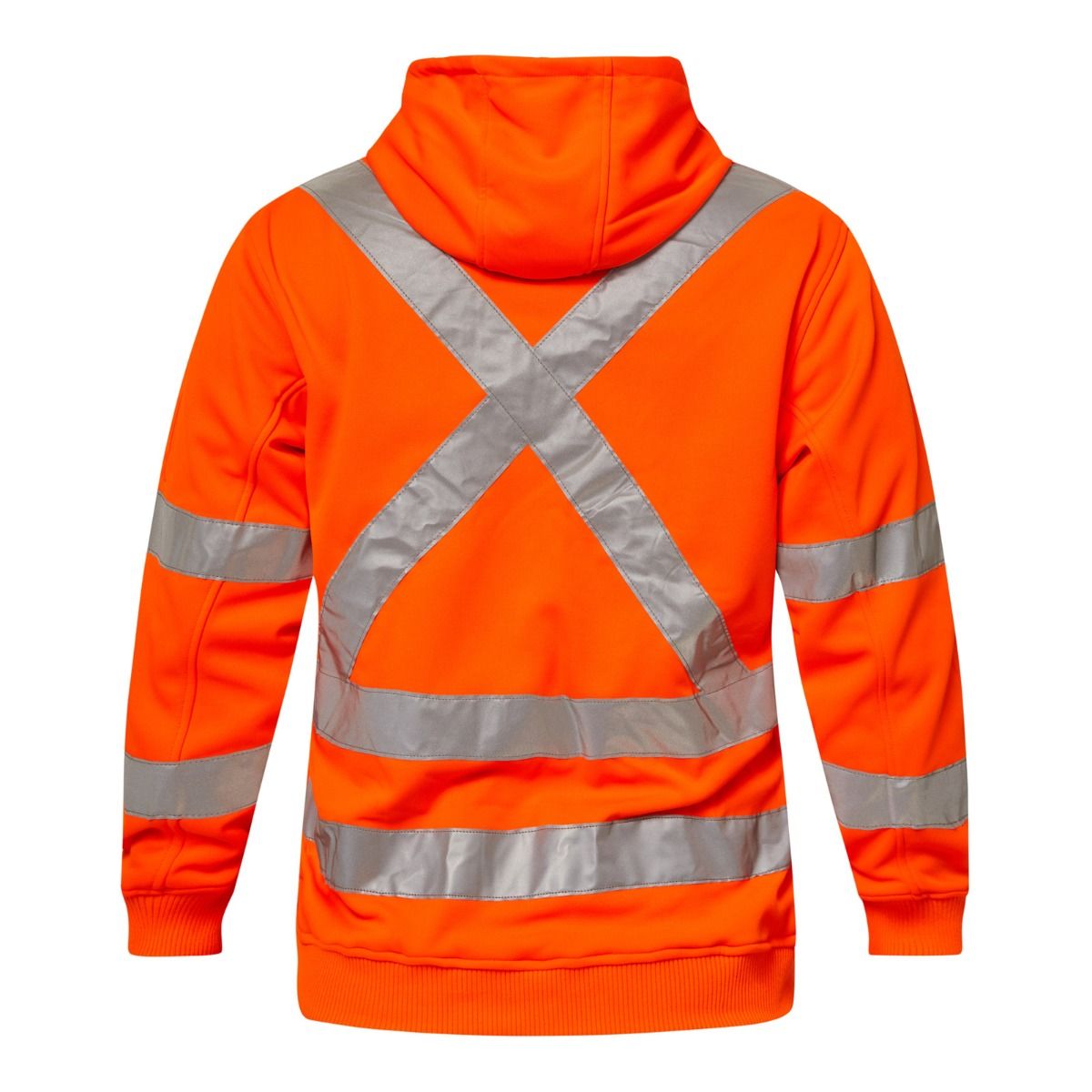 Workcraft WT8016 Alpine HiVis Hoodie With X Tape Orange Safety Rail NSW - Back view with X back reflective tape