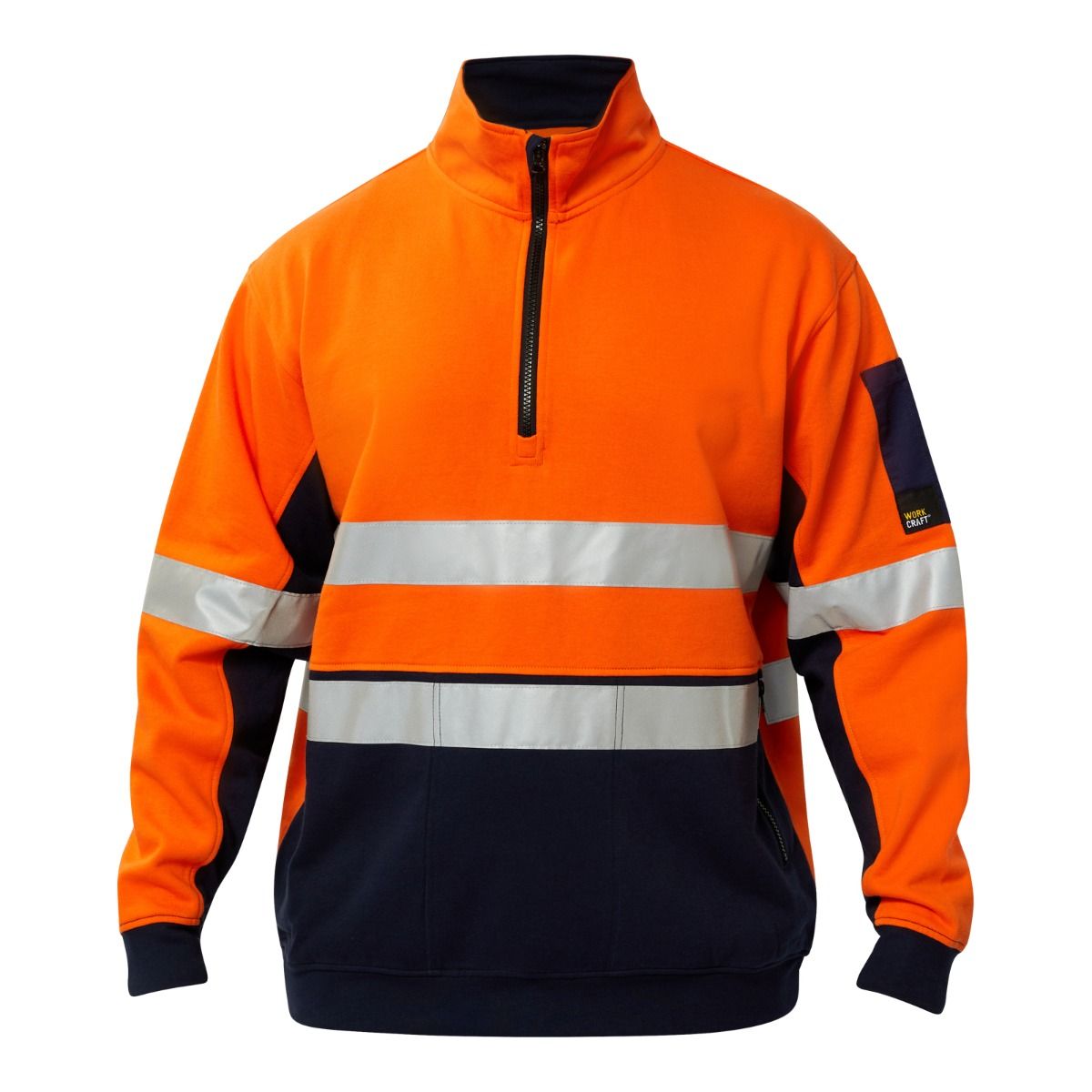 Orange and Navy high-visibility work jacket with reflective stripes on a white background