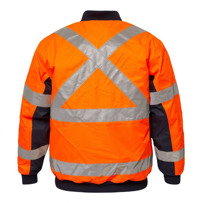 WORKCRAFT WW9010 HI VIS ORANGE BOMBER JACKET WITH X BACK REFLECTIVE TAPE NSW RAIL - BACK VIEW