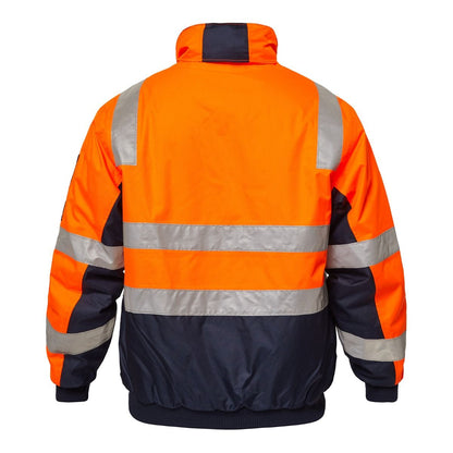 Orange and navy safety jacket with reflective stripes on a white background