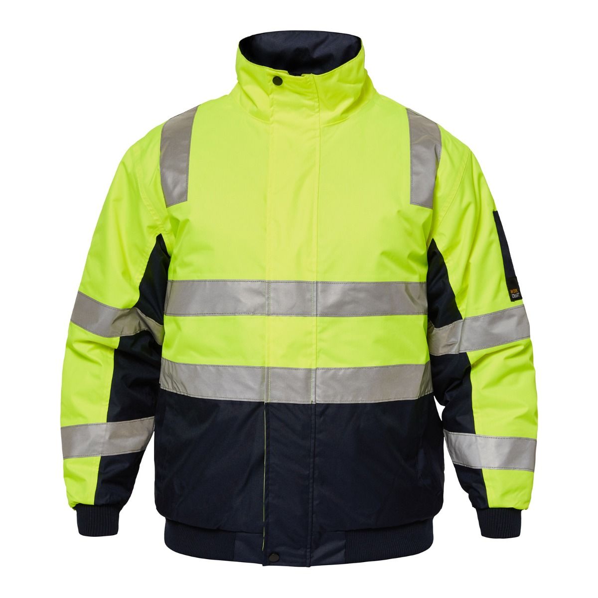 Workcraft WW9011 Typhoon HiVis Modern Bomber Jacket with Tape - Yellow/Navy - Front View